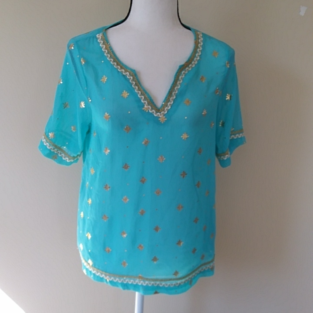 Oriental Inspired Sheer Crinkled V Neck Embellished Top S Turquoise